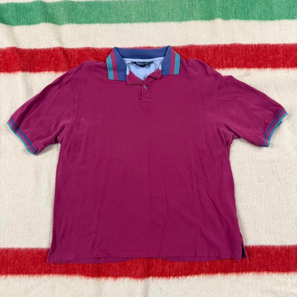 Vintage Lands End Polo Shirt Mens Large Made in USA Pink Striped Collar 90s Prep